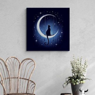 Cat silhouette swinging from the crescent moon canvas print