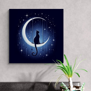 Cat silhouette swinging from the crescent moon canvas print