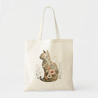 Cat Silhouette Tote Bag Floral Boho Wildflowers