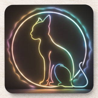 cat silouhette neon colors black background coaster