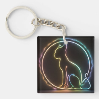 cat silouhette neon colors black background key ring