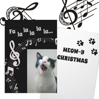 Cat Singing Humour Christmas Card Black & White