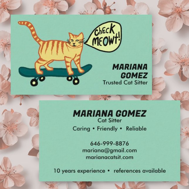 Cat Sitter Cute Check Meowt Kittens Cats Vets  Business Card (Check meowt cute colorful funny skateboarding cat! Art drawn by me. Add your own text)