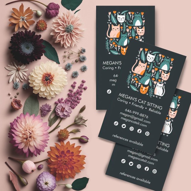 Cat Sitter Cute Colourful Kittens Cats Veterinary  Business Card (Cute cats custom business cards. Single sided with social media icons. Customize to suit your needs)