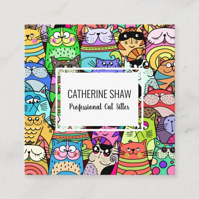 Cat Sitter Cute Pet Doodle Template Square Business Card (Front)