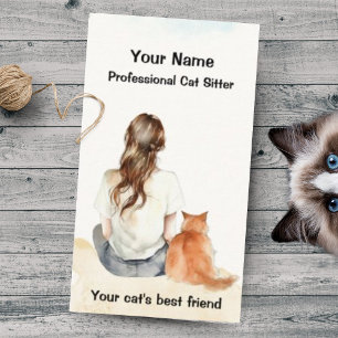 Cat Sitter Girl with Cat Watercolor Business Card