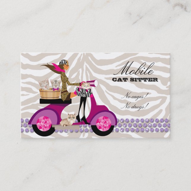 Cat Sitter Zebra Scooter Cute Business Card (Front)