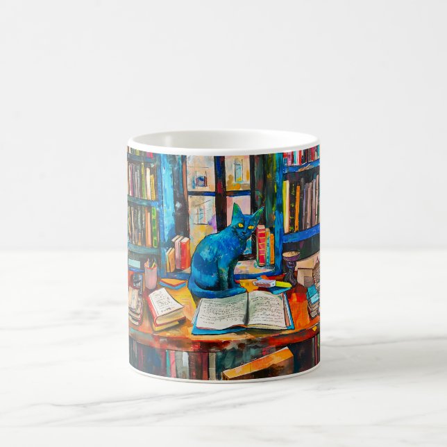 Cat sitting Among Open Books on table Coffee Mug (Center)