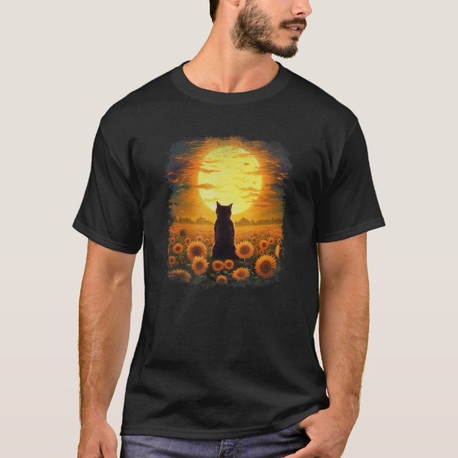 Cat sitting in a sunflower field looking at moon o T-Shirt (Front)