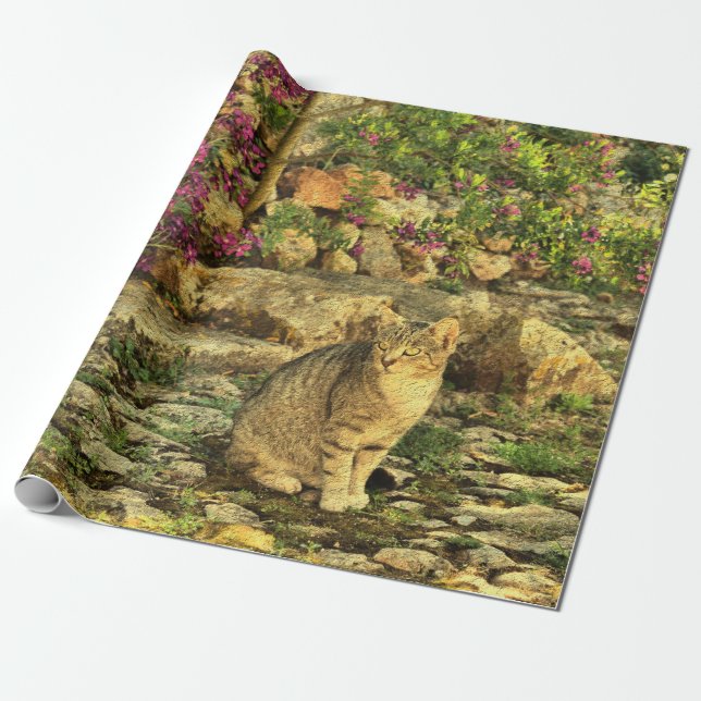 Cat sitting in garden wrapping paper (Unrolled)