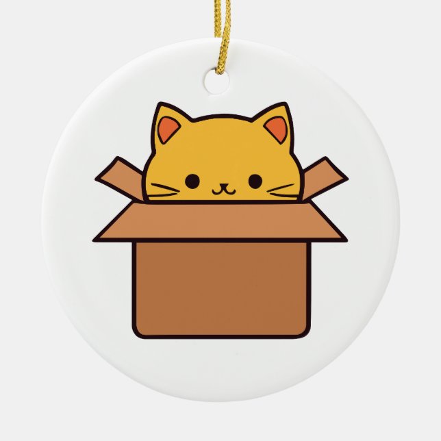 Cat sitting inside cardboard box ceramic tree decoration (Front)