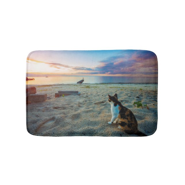 Cat Sitting On A Beach Bath Mat (Front)