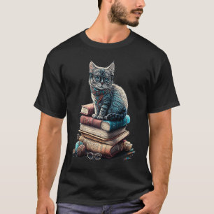 Cat Sitting On Books Cute Librarian Book Nerd Book T-Shirt