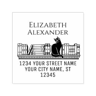 Cat Sitting on Bookshelf #1 Name Return Address Self-inking Stamp