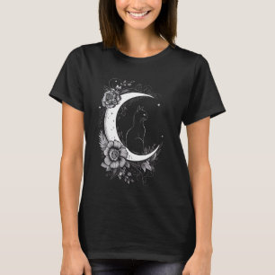 Cat Sitting On Crescent Moon Flowers Stars Drawing T-Shirt