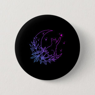 Cat Sitting On Crescent Moon Flowers Stars Women G 6 Cm Round Badge