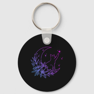 Cat Sitting On Crescent Moon Flowers Stars Women G Key Ring