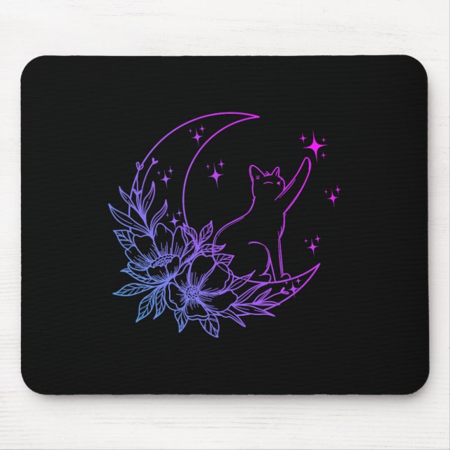 Cat Sitting On Crescent Moon Flowers Stars Women G Mouse Mat (Front)