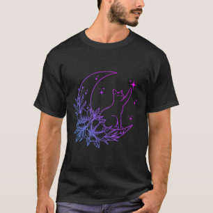 Cat Sitting On Crescent Moon Flowers Stars Women G T-Shirt