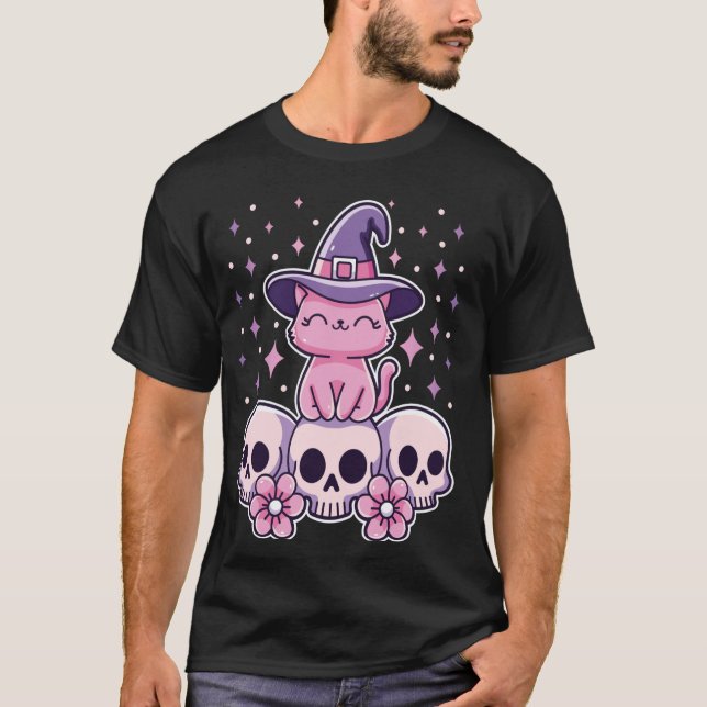 Cat Sitting on Skulls Cute Creepy Pastel Goth Witc T-Shirt (Front)