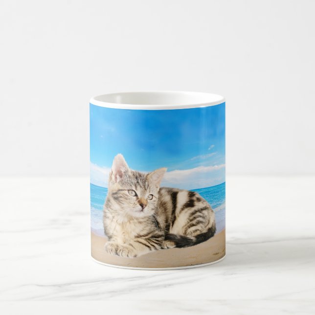 Cat Sitting on Tropical Island Beach Coffee Mug (Center)