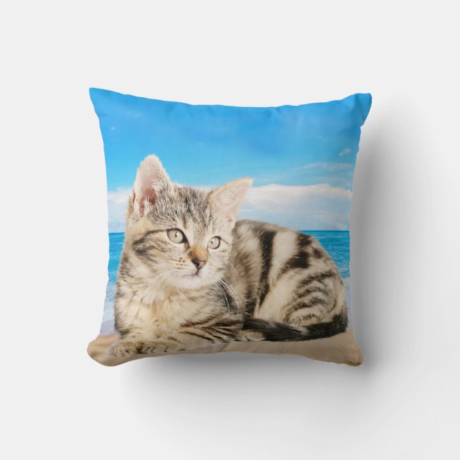 Cat Sitting on Tropical Island Beach Cushion (Front)