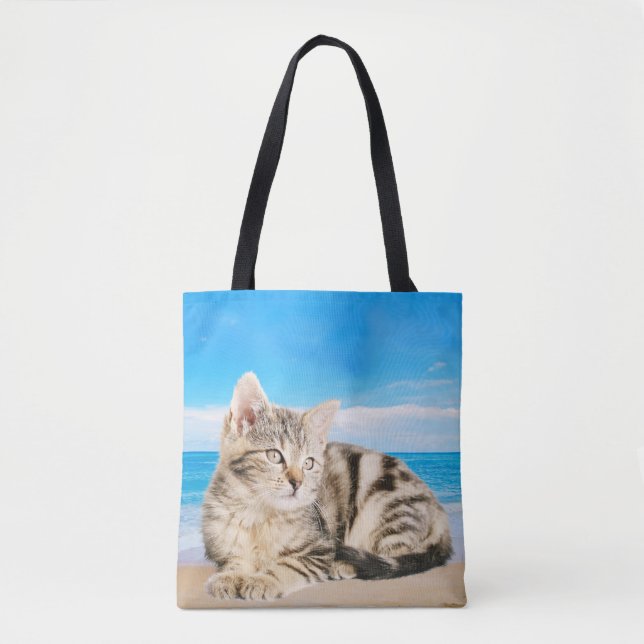 Cat Sitting on Tropical Island Beach Tote Bag (Front)
