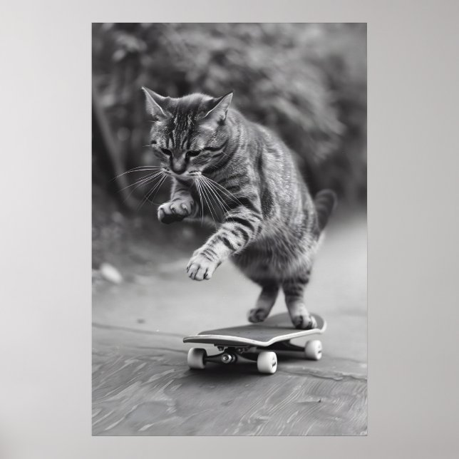 Cat Skateboarding Print Funny Black and White (Front)