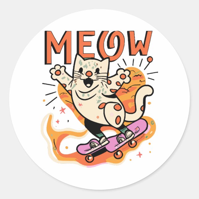 Cat Skating Meow Classic Round Sticker (Front)