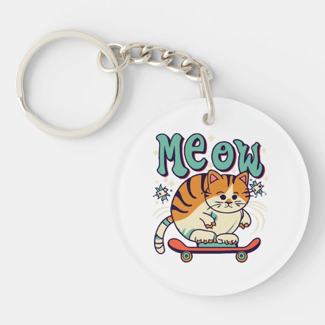 Cat Skating Meow Key Ring (Front)