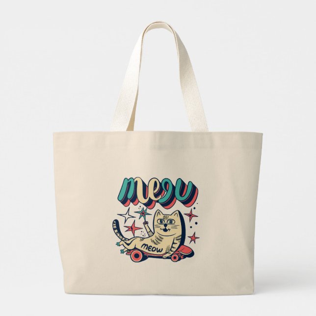 Cat Skating Meow Large Tote Bag (Back)