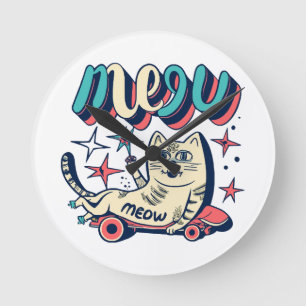 Cat Skating Meow Round Clock