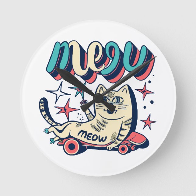 Cat Skating Meow Round Clock (Front)