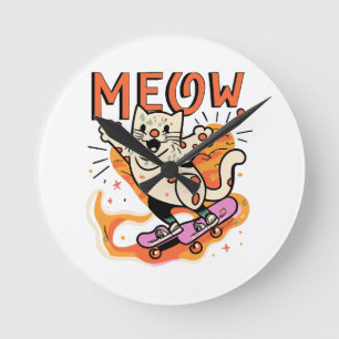 Cat Skating Meow Round Clock