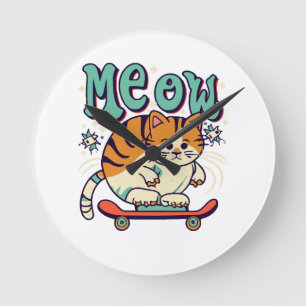 Cat Skating Meow Round Clock