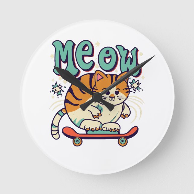 Cat Skating Meow Round Clock (Front)