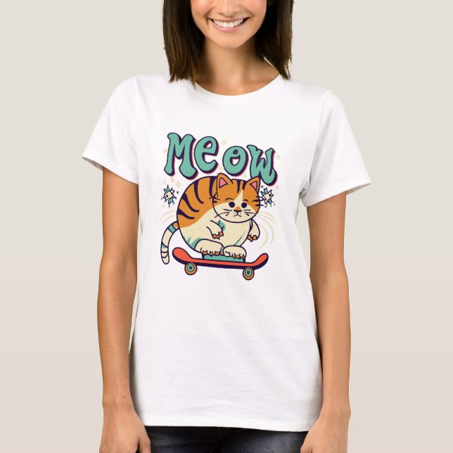 Cat Skating Meow T-Shirt (Front)