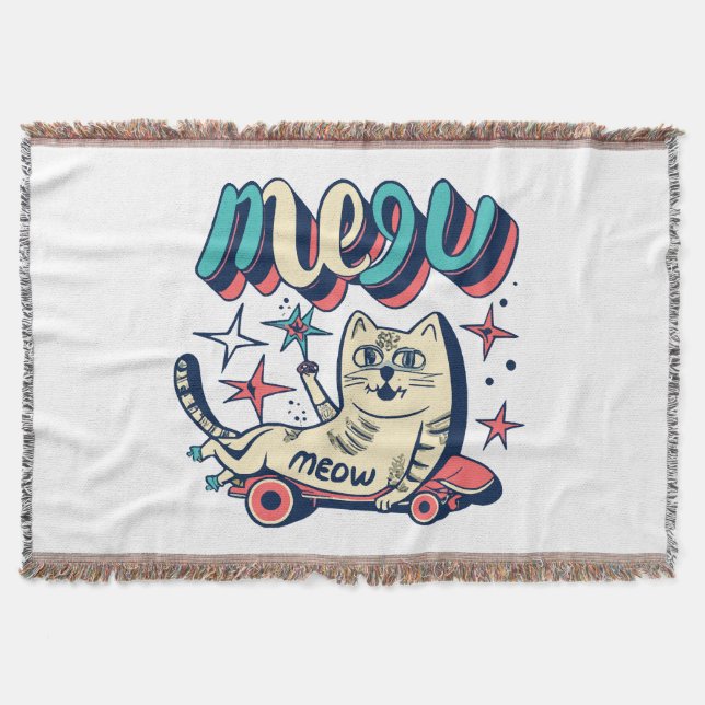 Cat Skating Meow Throw Blanket (Front)