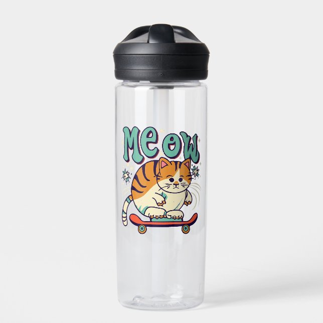 Cat Skating Meow Water Bottle (Front)
