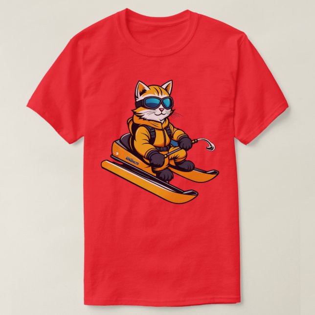 Cat Skiing Wearing Orange Ski Suit T-Shirt (Design Front)
