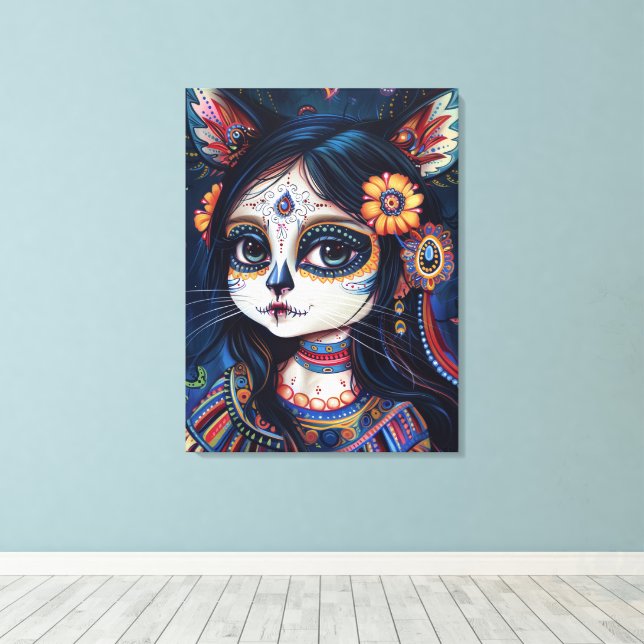 Cat skull face, sugar skull, mexican aesthetic canvas print (Insitu(Wood Floor))