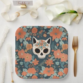 Cat Skull Orange Floral Dark Green Paper Plate