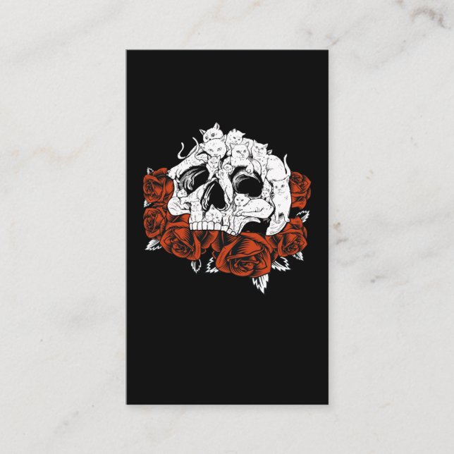 Cat Skull Roses Skeleton Kitten Business Card (Front)
