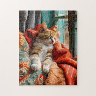Cat Sleeping by Window with Pillow and Blanket Jigsaw Puzzle