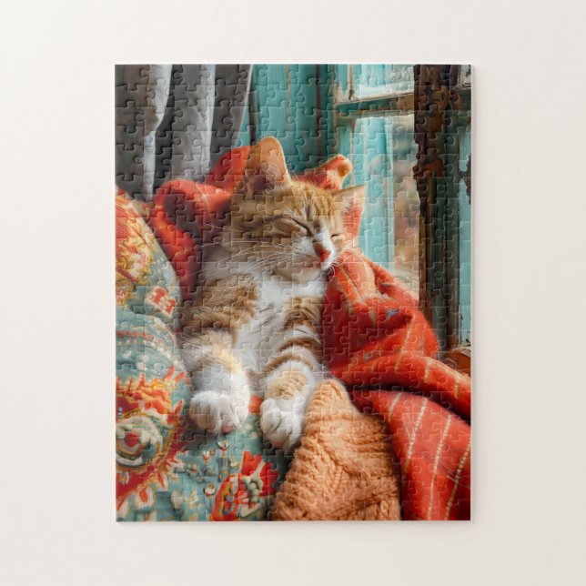 Cat Sleeping by Window with Pillow and Blanket Jigsaw Puzzle (Vertical)