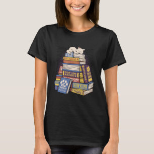 Cat Sleeping In A Stack Of Books Library Cute Book T-Shirt