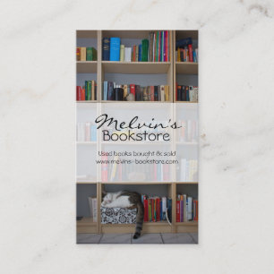 Cat sleeping in bookshelf library books business card