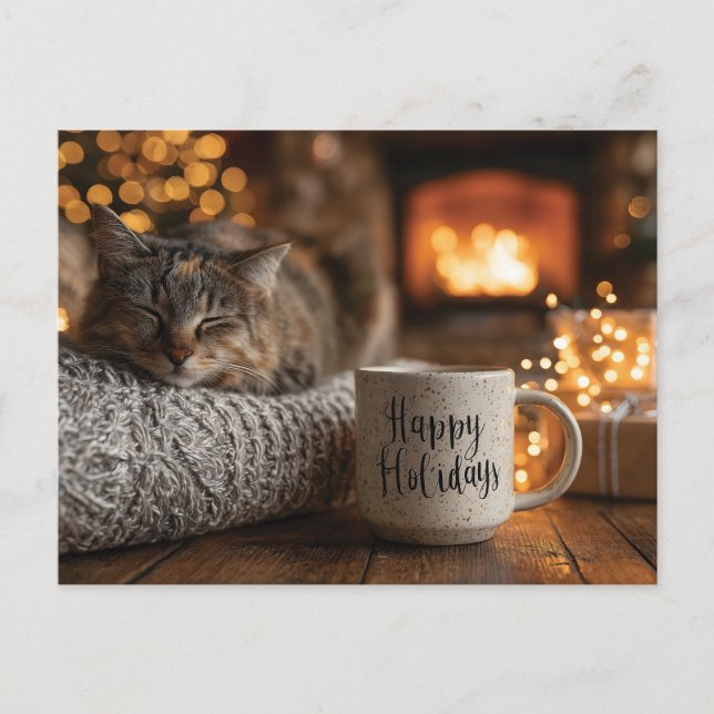 Cat Sleeping Next to a 'Happy Holidays" Mug Postcard (Front)