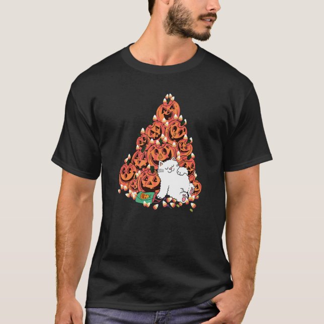 Cat Sleeping Next To Scary Pumpkin Candy Halloween T-Shirt (Front)
