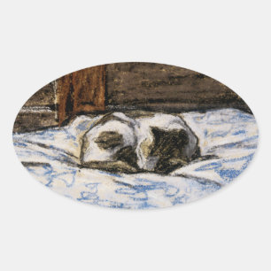 Cat Sleeping on a Bed Oval Sticker